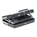 Stainless steel portable suitcase barbecue with a layer grill and stand at the bottom.