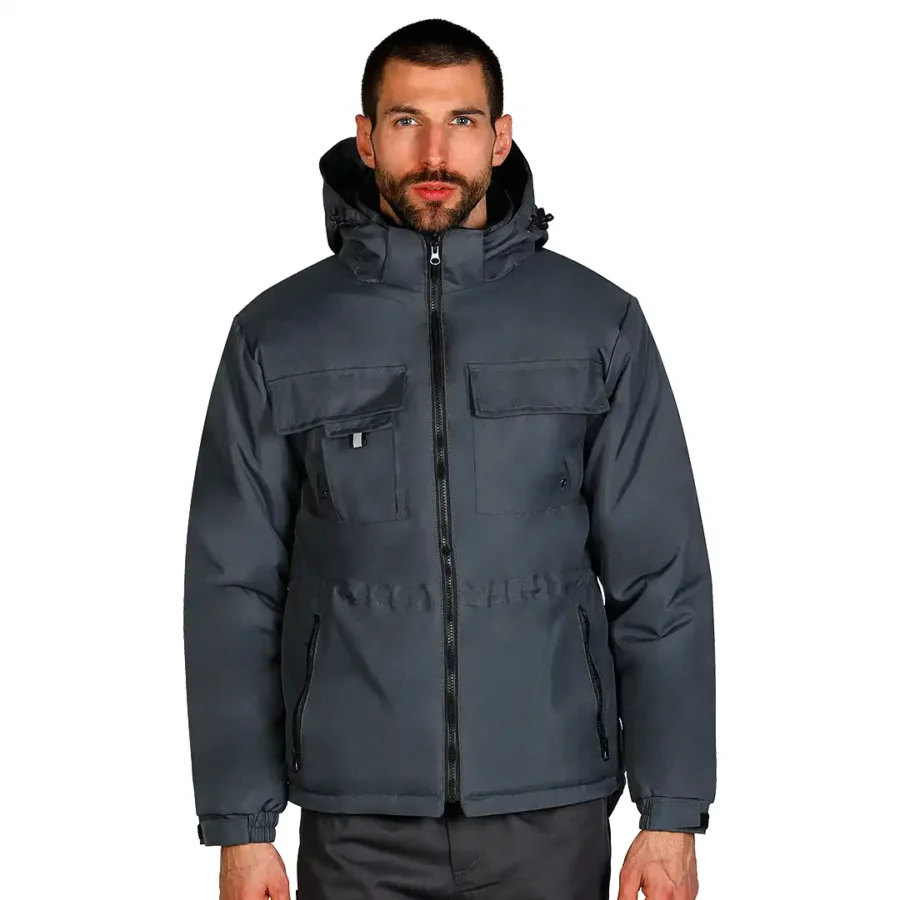 Hooded jacket with multiple pockets Blue color front view