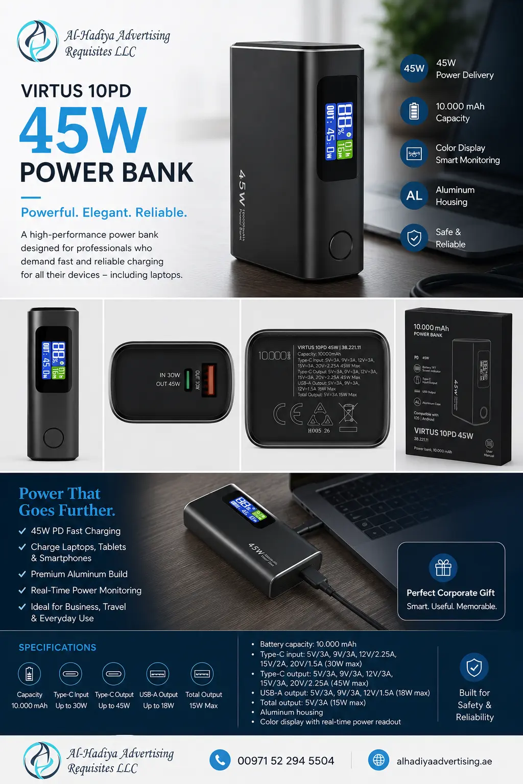 45 W, PD10 Laptop power bank showing all sides and features