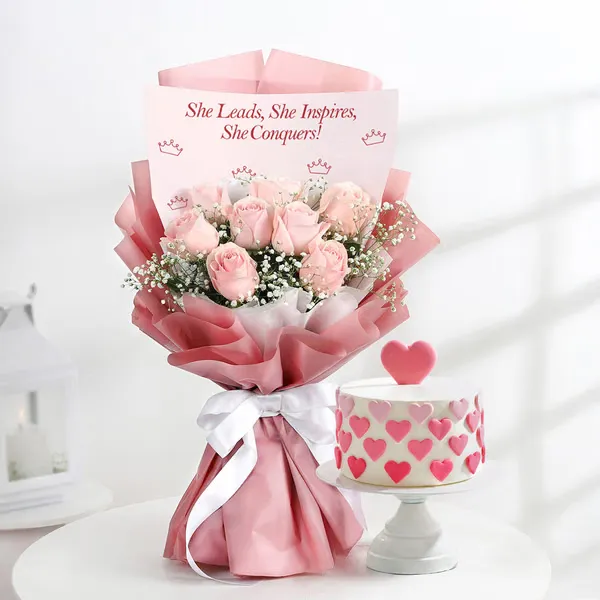 pink roses and cake emirate womens day gift combo