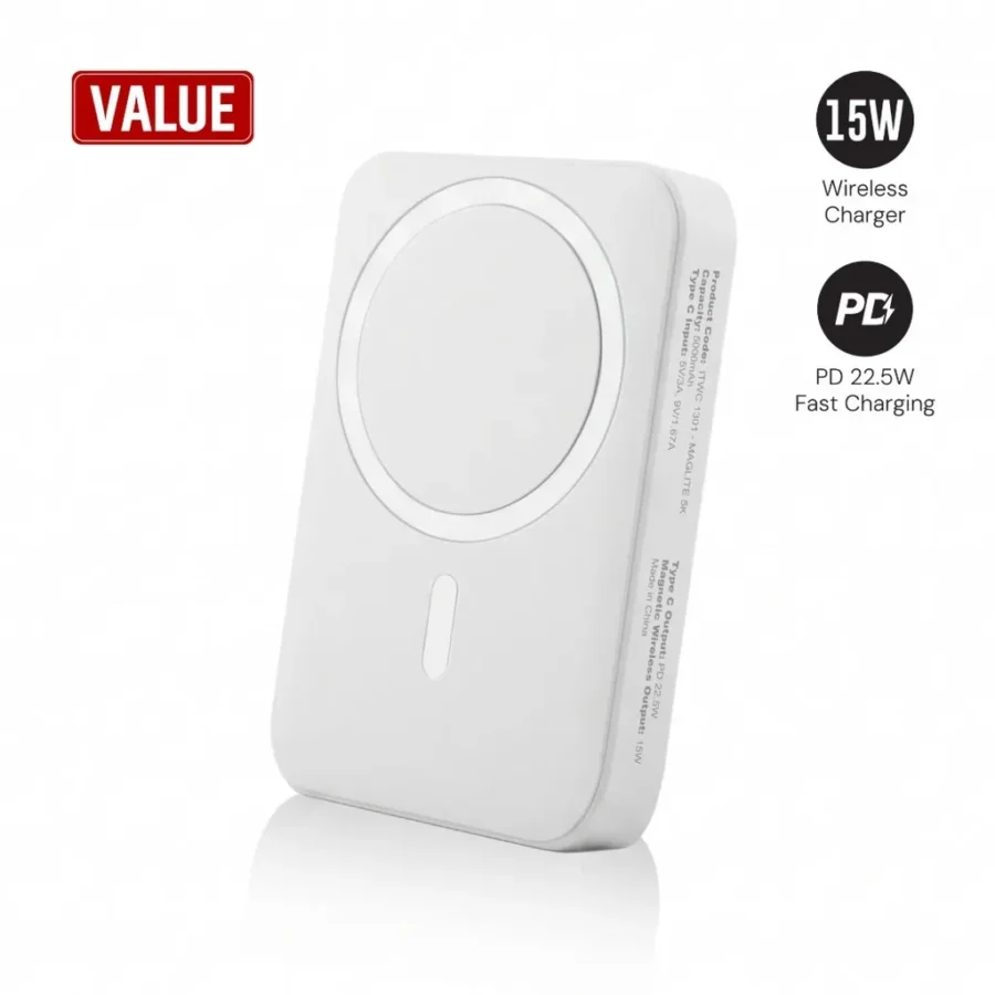 [ITWC 1301] Maglite 5K - 5000 mAh Magnetic Wireless Power Bank - White